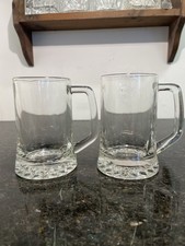 Vintage Glass Beer Tankards Set of 2 Half Pint Clear Handle Base Cut Decorative