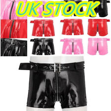 UK Men Wetlook PVC Leather Shorts Bulge Pouch Boxer Brief Trunk Zipper Hot Pants