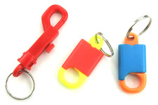 Brightly coloured, lobster/ trigger clip style strap hooks, plastic keyrings x 3
