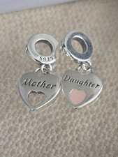 925 Sterling Silver 'Mother Daughter 'Heart Charms + FREE Bracelet. UK. BNIP