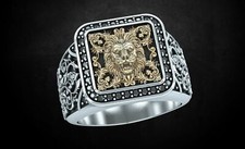 Lion Face Square Men's Ring Yellow Gold Finish 925 Sterling Silver