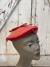Vintage 1850s Red Straw Fascinator Hat Bow Accent Rhinestone Classic Pillbox