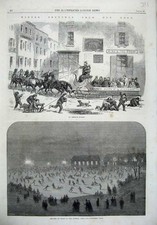 Old Antique Print New York 1865 Omnibus Sleigh Ice Skating Central Park 19th