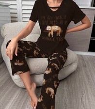 BLACK Funny Sloth Womens Ladies Pyjamas PJs Gift Novelty Slogan Size 8