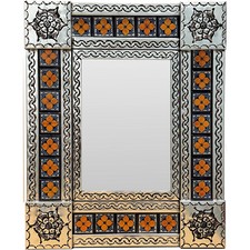 Punched Silver Tin Hand Made Mexican Marigold Tile Talavera Wall  Mirror