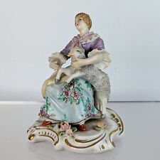 Antique Sitzendorf Porcelain German China seated Female Girl Figure + Sheep Lamb