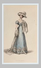 1824 Ackermann's Repository Regency Georgian Fashion Plate Blue Dinner Dress