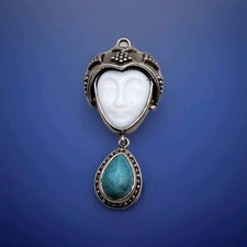 Carved Face White Ceramic &  Turquoise Gemstone Silver Pendant Jewelry