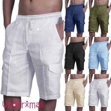 Mens Cotton Linen Cargo Shorts  Drawstring Elasticated Loose Casual Half Pants