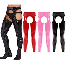 Mens Wet Look Leather Straight Pants Sexy Cut Out Muscle Tight Leggings Trousers