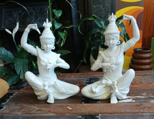 Mirror Pair Of White Thai Temple Dancers Porcelain Figures 21 cm tall