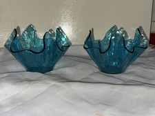 2 x Blue Glass Handkerchief Vases - Vintage