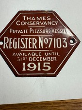 Enamel Boat License Plate 1915 Antique Thames Conservancy PrivatePleasure Vessel