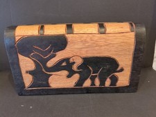 VINTAGE MANCALA AFRICAN STONE GAME WOODEN HINGED BOOK SHAPE WITH CARVED ELEPHANT