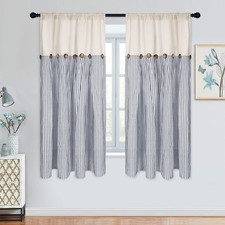 Farmhouse Cotton Linen Boho Curtains - Rustic Button Boho Style, Blue Stripe ...