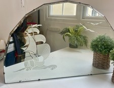 Vintage Scallop Frameless Edge Mirror Engraved Ships Chain Hanging