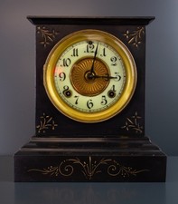 Antique Ansonia Mantel Clock USA Circa 1880s Black Slate Case w/ Brass Dial #254
