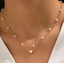 UK Women Girl Fashion Jewelry Faux Pearl Love Heart Pendant Choker Necklace Gold