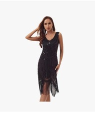 1920s Charleston Black Sequin Beaded Dress With V-neck Fringe Flapper Party Club