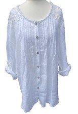 Luella 100% Linen White Lace Tunic Dress Roll Tab Sleeves Lagenlook Relaxed L