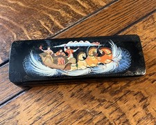 Vintage Wooden Black Russian Lacquer Box Hand Painted Hinged 