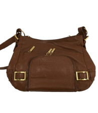 STONE MOUNTAIN Ladies Small Tan Brown/Gold Leather Crossbody Handbag Pre-Loved 