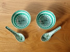 Vintage Chinese porcelain Green dragon Famille verte rice soup bowls with spoons