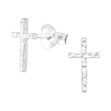 Pair Ladies Mens Girls 925 Sterling Silver CROSS CRUCIFIX Hammered Stud Earrings