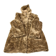 Dennis Basso Faux Fur Coat Womens Large Brown Lined Oversized Long Sleeve Hooded