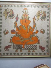 antique Indian embroidered framed wall hanging, "Ganesh" 30 inches x 30"