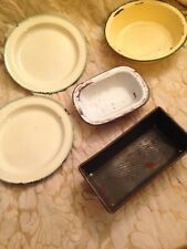 vintage antique enamel plates / dishes x 5 kitchenalia and a baking cake tin