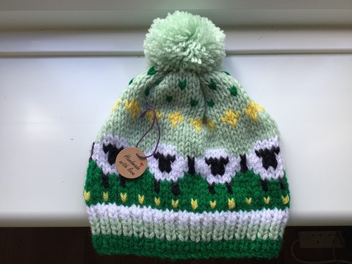 Hand knitted sheep bobble hat - hand,
