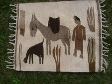HAND WOVEN on LOOM WOOL ARABIC RUG MAT 58x48cm REVERSIBLE man donkey dog unused