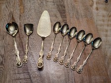 Gold Plated Cake Slice With Spoons And Servers - Rose Pattern Handle