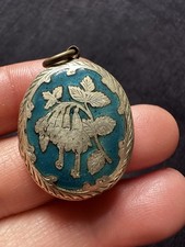 Antique Gold Front/ Back Enamel ( Fair) Flower Oval Locket Pendant -6g