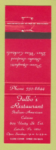Matchbook cover falbo s - -, falbo's