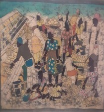 Vintage Batik or Silkscreen market scene on fabric/Africa/signed Charles Ngugi