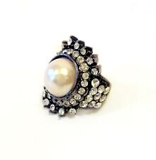 Statement Dress Ring, Silver-Tone, Diamantes and Faux Pearl, Size M