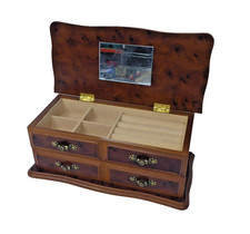 Vintage Wooden Burr Walnut Style Jewellery Box Single Drawer Storage Case Mirror