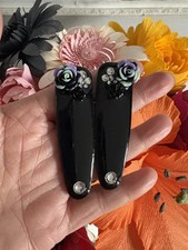 2 X gothic Black Rose Gem Studded Hair Clip Slides