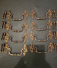 Set of Eight Antique Drawer Cabinet Pulls Handles with Screws In Brass Uncleaned