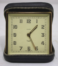 Art Deco Smiths 7 Jewel Travel Alarm Clock in Blue Leather Case, Oiled Runs Well