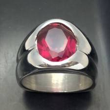 MJG STERLING SILVER MEN'S RING. 12 x 10mm OVAL FACETED LAB RUBY. SIZE 10. 