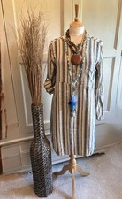 ITALIAN HIPPY BOHO BEIGE/NAVY LINEN CASUAL SHIRT MIDI DRESS APPROX 12/14 Max