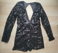 New Black Sequin V Neck Long Sleeve Playsuit Plus Size UK 14