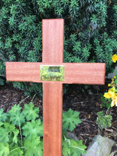 Premium Solid Mahogany Memorial Cross 44" Grave Marker & Personalised Plaque