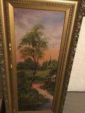 a antique fluted gilt gesso framed oil on board painting pinky movey stream flow