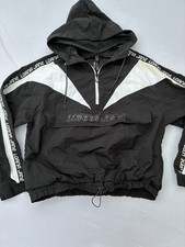 Lorna Jane Luxe Athletic XL Black White Cropped Windbreaker Jacket Logo Hood