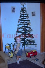 35mm Slide 1966 Child Playing Near Christmas Tree Tricycle Train Kodachrome