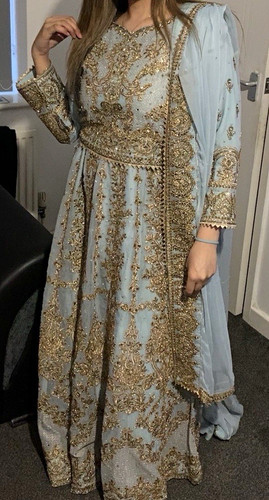 Blue gold embroidered net - &,